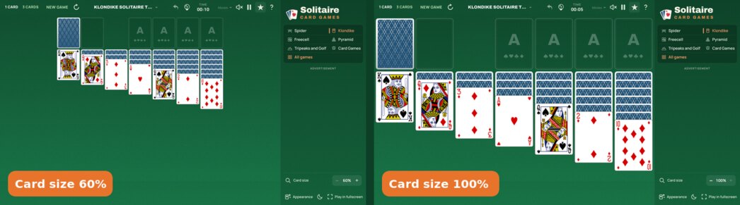 The same Klondike deal with card size 60% and 100%